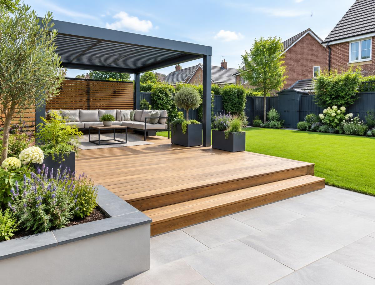 Timber garden decking and pergola