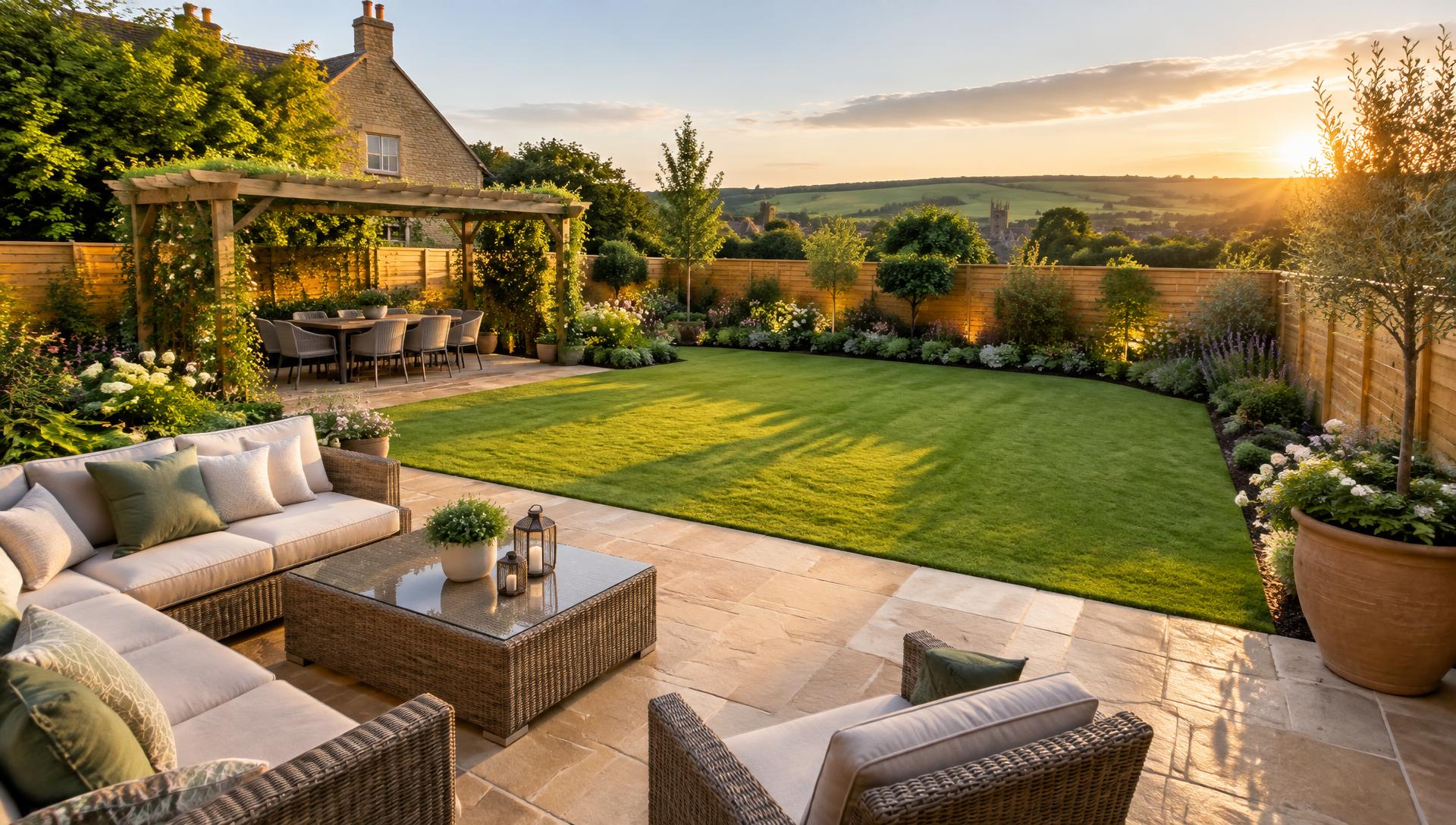 Renovated garden with sandstone patio, pergola and lawn in Somerset